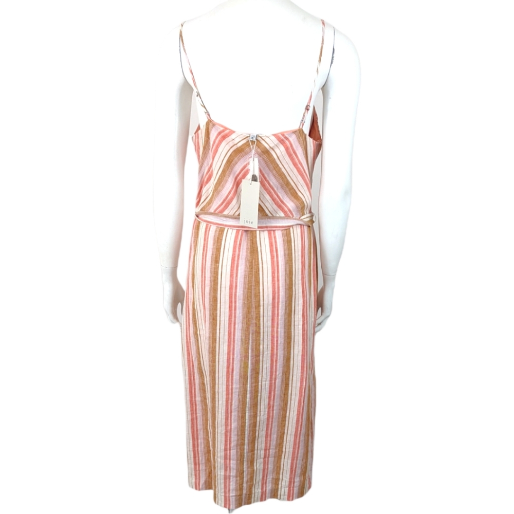 Joie Khari Linen Striped Midi Dress L Coral White Sleeveless Button Stripe - Picture 5 of 10